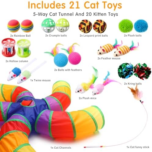 Poen 21 Pcs Cat Tunnel for Indoor Set Collapsible 5 Way Tubes with 20 Pcs Cat Kitten Toys Interactive Feather Toy Mouse Crinkle Balls Tube for Puppy Kitten Rabbit(Colorful)