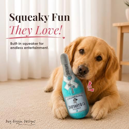 Dog Diggin Designs Sniffany & Co Champagne Plush Dog Toy | Luxury-Inspired Parody Bottle with Built-in Squeaker, Soft Plush Party Dog Toy – Shaken, Not Stirred!