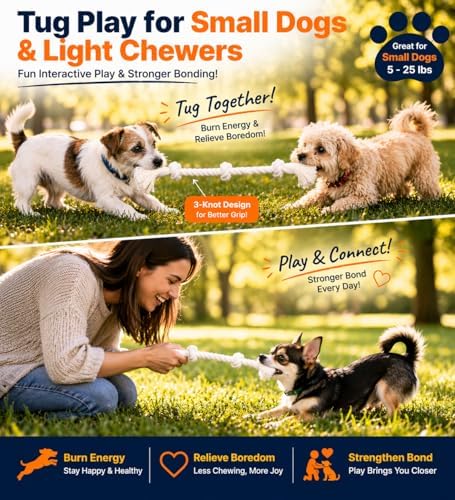 2-Pack 13" 3-Knot Dog Rope Toys for Puppies & Small to Medium Dogs, Natural Cotton Tug Toys for Interactive Indoor & Outdoor Play, Fetch, Teeth Cleaning, Training, Light Chewers, Washable, White