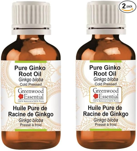 Greenwood Essential Ginko Root Oil (Ginkgo biloba) with Glass Dropper | Cold Pressed | Natural | Undiluted | For Diluting Essential Oils | For Skin & Massage | Men & Women | 10ml X 2 (0.66 oz)