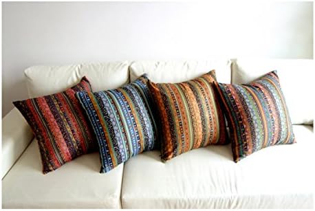 TAOSON Gold Stripe Bohemian Style Antique Cotton Blend Linen Sofa Throw Pillowcase Cushion Cover Pillow Cover with Hidden Zipper Closure Only Cover No Insert 20x20 Inch 50x50cm