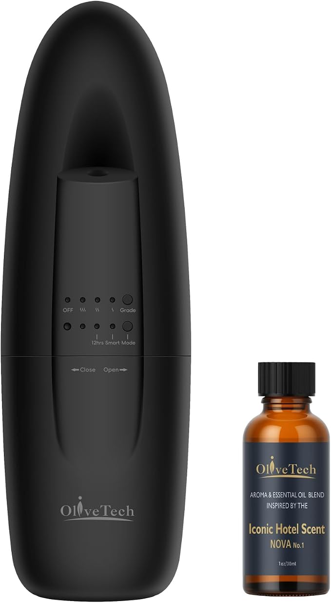 Plug in Waterless Diffuser, OliveTech Cold Air Scent Diffuser for Home & Office, Hotel Collection Aromatherapy Diffuser with 30mL Essential Oil Included, Adjustable Fragrance - Black