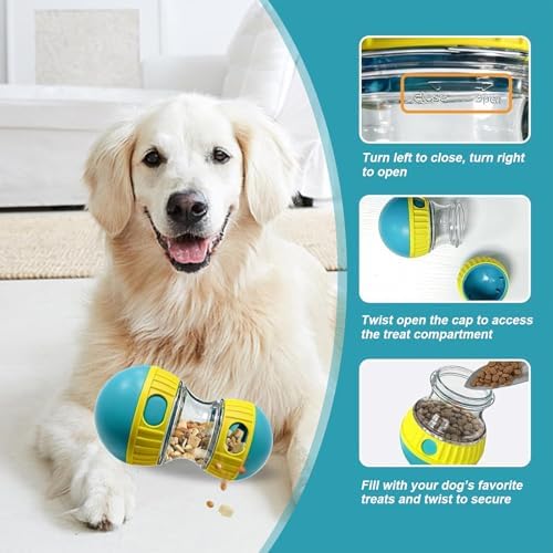 Interactive Dog Treat Dispensing Toy, Adjustable Puzzle Feeder Ball for Slow Feeding & Mental Stimulation, Rolling Enrichment Toy to Keep Dogs Busy Indoors (Blue)