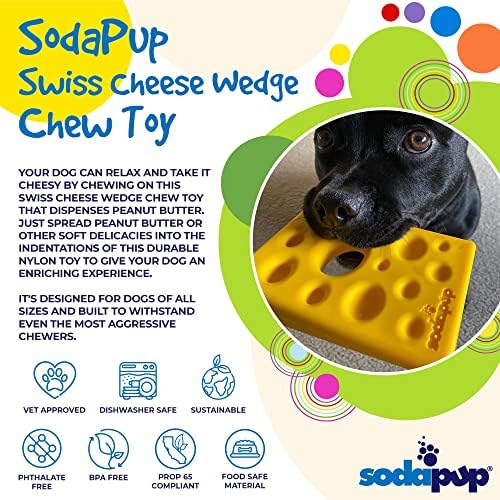 SodaPup Swiss Cheese Wedge – Durable Dog Chew Toy Made in USA from Non-Toxic, Pet Safe, Food Safe Nylon for Mental Stimulation, Clean Teeth, Fresh Breath, Problem Chewing, Calming Nerves & More