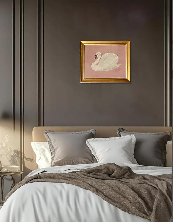 Vintage Swan Painting Gold Framed Wall Art Home Decor Farmhouse Pink Canvas Print Cute Swan Painting Artworks for Girly Bathroom Decor Living Room Bedroom