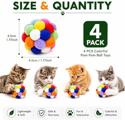 Cat Toy Balls, 1.75", 4PCS, Soft Pom Pom Balls