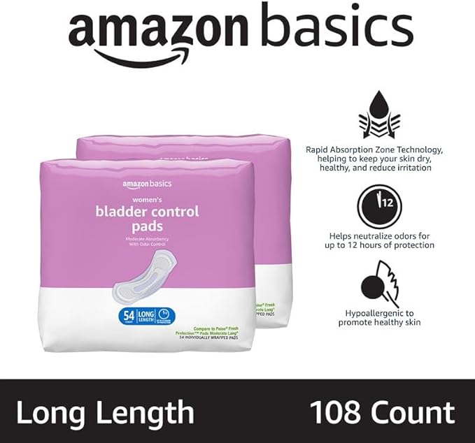 Amazon Basics Incontinence Pads for Women, Postpartum, Long, Bladder Control, Moderate Absorbency, Unscented, 108 Count (2 Packs of 54)