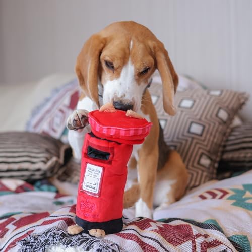British Postbox Treat-Dispensing Soft Plush Squeaky Pet Toy - Iconic UK Enrichment Gift, Durable Cute & Fun Toy for Interactive Play, Hide Food for Nose-Work Puzzle, Small Medium Dogs