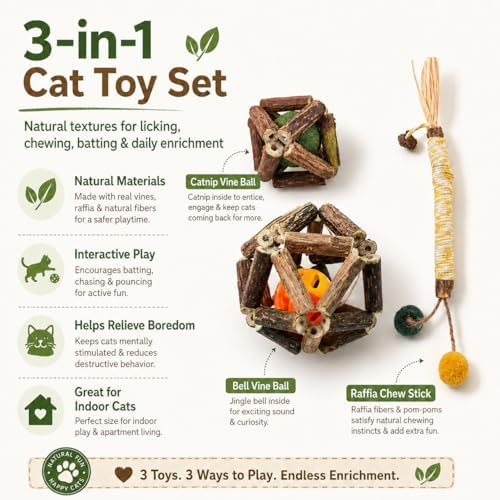 3 Pack Cat Toy Set, Catnip Vine Ball, Bell Vine Ball and Raffia Chew Stick, Natural Interactive Cat Chew Toys for Indoor Cats, Kitten Teething, Licking, Batting, Chasing, Pouncing, Boredom Relief Fun
