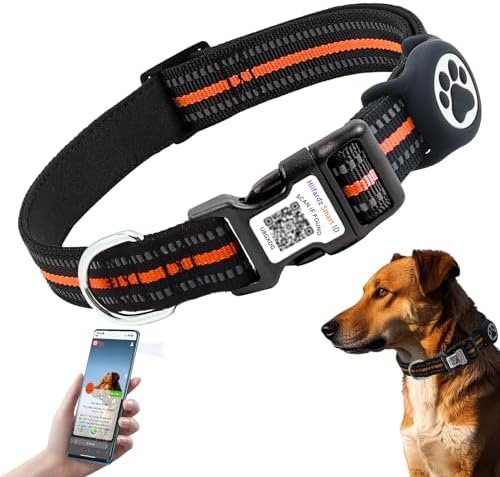 Dog Collar with Tracker Holder and QR Code ID, Waterproof Bluetooth Tracker Case, Reflective Padded Nylon for Small Medium Large Dogs