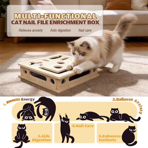 Cat Scratch Puzzle Enrichment Box, Large Solid Wood with Sandpaper Inside