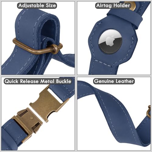 AirTag Dog Collar - Genuine Leather Dog Collar with Apple AirTag Holder and Metal Buckle - Smart GPS Tracking Pet Collars (Smoky Blue, L, 17"-21" Neck Fit)