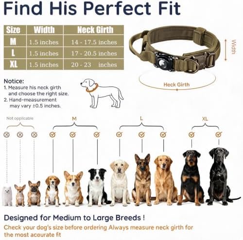 Personalized Tactical Dog Collar with Waterproof airtag Holder & Name Phone Number, Heavy Duty Nylon Military Dog Collar with Strong Metal Buckle for Medium and Large Dogs(Khaki,M)