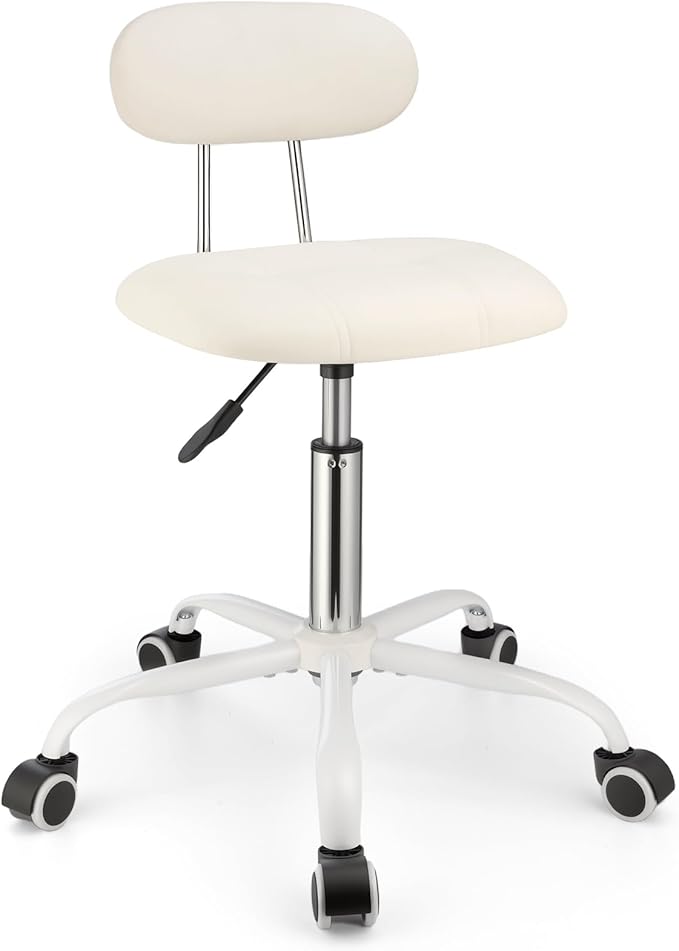 Square Rolling Stool with Backrest Height Adjustable Chair Swivel Drafting Chair Stool Chair with Wheels Stable Base Foot White