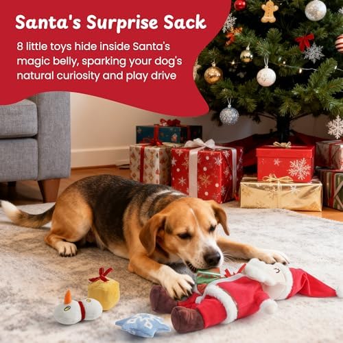 Nocciola Hide and Seek Christmas Santa Dog Toys: 9 Packs Vacation Gifts Funny Plush Stuffed Squeaky Crinkle Durable Chew Toys for Small Medium Large Breed, Dog Stocking Stuffers