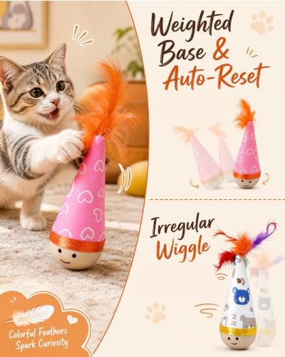 Wooden Wobble Cat Toy,Interactive Self-Righting Wobble Cat Toy with Feather