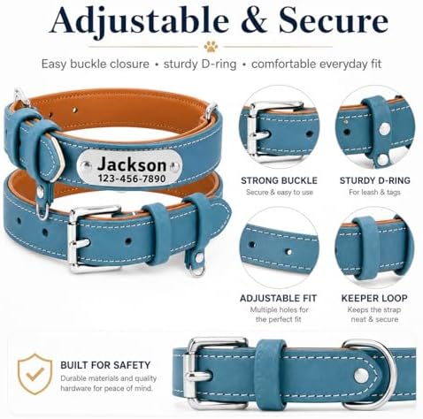 Personalized Genuine Leather Dog Collar with Name Phone Number-Sky Blue-XS