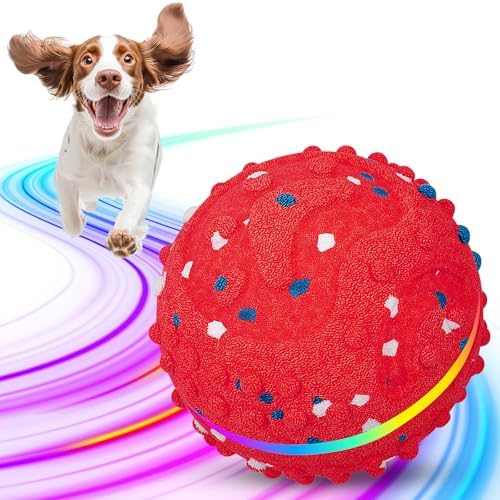 Interactive Dog Toys Ball, Self-Rolling & Bouncing Ball with RGB Colorful Lights to Keep Them Busy, 3-in-1 Interactive Mode, E-TPU Material, Type-C Charging, Moving Dog Toy for Dogs Puppies (Red)