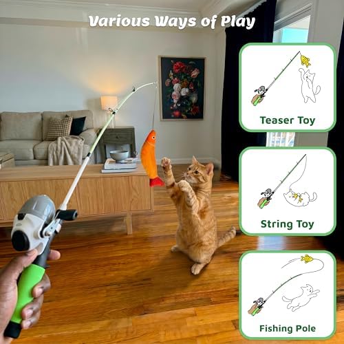 Meowy Cat Wand Toy – Cat Fishing Pole Toy with Reel The Cat Fish Fishing Rod, Telescopic Fiberglass Interactive Teaser Wand for Indoor Cats with Catnip Dental Mesh Attachments