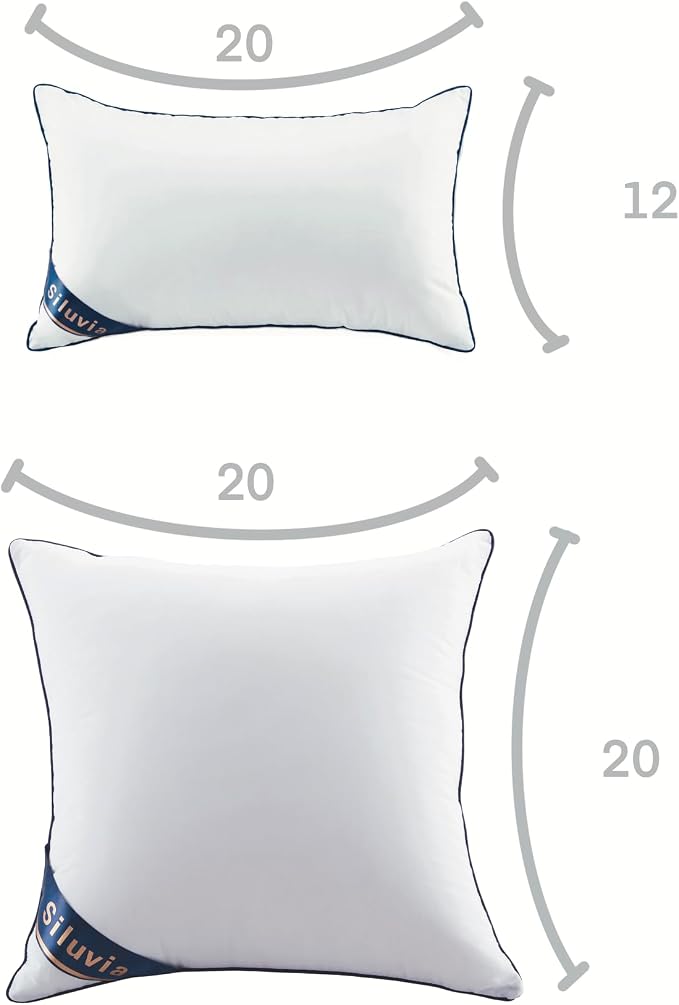 Siluvia Decorative 12x20 Pillow Inserts Set of 2 - Square Throw Pillows with 100% Cotton Cover for Sofa, Couch, and Bed - White