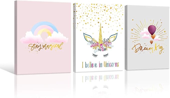 Chadow Artwork 3 Piece Girls Unicorn Canvas Wall Art Pastel Rainbow Hot Air Balloon Inspirational Nursery Decor Prints for Baby Girl Bedroom Playroom Nursery Bathroom Decor 12"x16"(30x40cm)