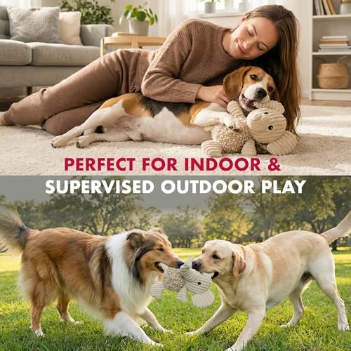 petlou Durable Natural Nubby Plush Dog Toys with Squeaker and Crinkle Paper in Multi-Size (Natural Elephant - M, 10 Inch)