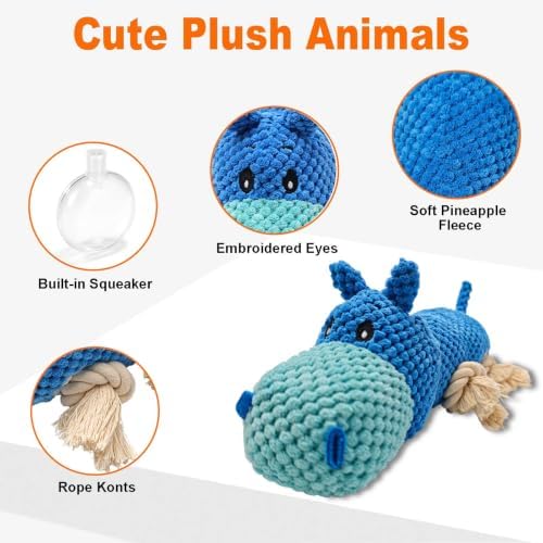 Blue Hippo Plush Chew Dog Toy, 11.8 in, Squeaker and Rope