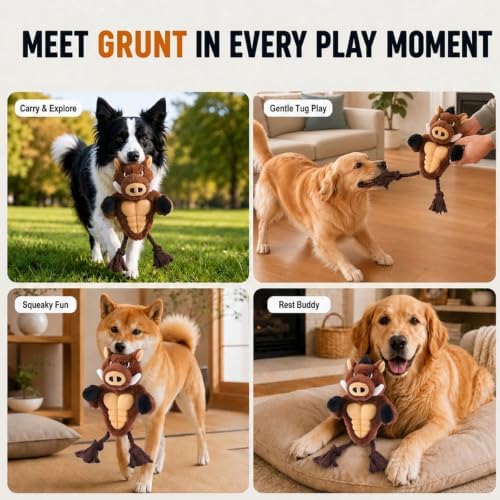 Boar Rope & Plush Dog Toy with Squeaker, Interactive Tug Toy for Medium to Large Dogs, Multi-Texture Toy for Tug, Toss & Supervised Play