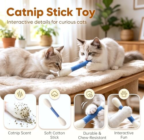12 PC Giant Cotton Swab Catnip Toys,Cat Q Tip Toy,Felt Interactive Kicker Chew Toys for Kittens & Indoor Cats, Soft Teething Toy with Organic Catnip, Eases Anxiety & Boredom, Cat Lover Gift (Mix D)