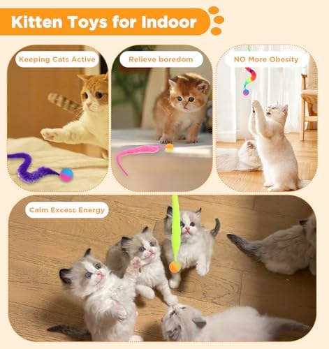 7pcs Bouncy Balls for Cats, Colorful Magic Worm with Ball, Interactive Cat Bouncy Ball, Twisty Fuzzy Worms for Cats Party Favors, Rainbow Colors