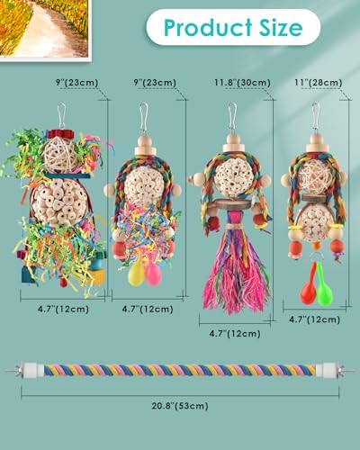 Bissap Conure Toys, 5 PCS Bird Foraging Shredder Hanging Swing Rope Perch Toys Sola Balls with Sand Hammer for Small Parrots Parakeets Conures Cockatiels Love Birds Cage Toy