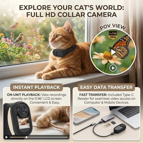 Pet Collar Camera 170 Degree Wide Angle Lens Video Recording Action Camera for Dogs and Cats Indoor Outdoor High Resolution Battery Life Collar Camera Pet Wearable Pet Camera