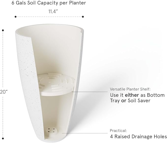 LA Jolie Muse 20 Inch Tall White Planters,Set of 2 Indoor/Outdoor Tall Planters with Shelf Insert and Trays,Modern Large Flower Pot for Front Front Door, Patio and Deck | Set of 2, Large Flower Pots with Drainage Holes and Tray, Modern Planter for Fron...