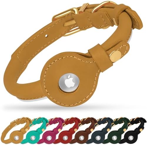 OOPSDOGGY Rolled Leather Dog Collar with Airtag Holder - Reflective Round Airtag Dog Collar - Soft Tracking Pet Collar for Small Dogs Puppy Cats Kitten (Camel, XS, 8"-11")
