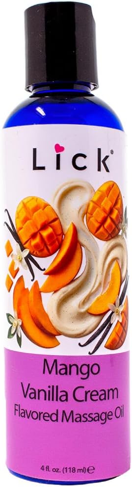 Lick Mango Vanilla Cream Flavored Massage Oil – Tropical Edible Massage Oil with Sweet Almond Oil & Vitamin E, Hydrating Body-Safe Formula for Relaxing Couples Massage, 4 oz