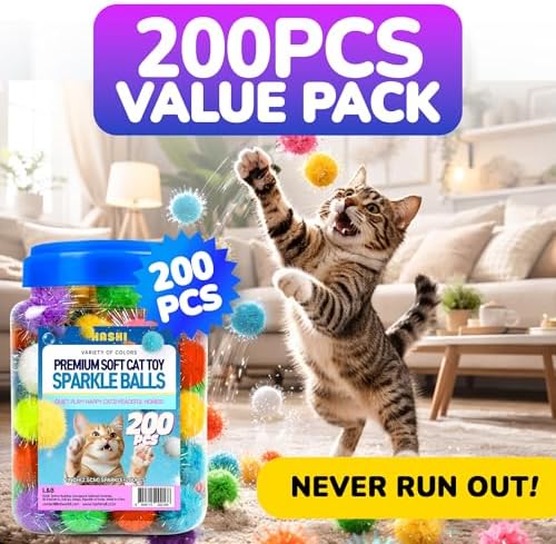 HA SHI Sparkle Cat Toy Balls 200 Pack, Tinsel Pom Poms with Storage Jar