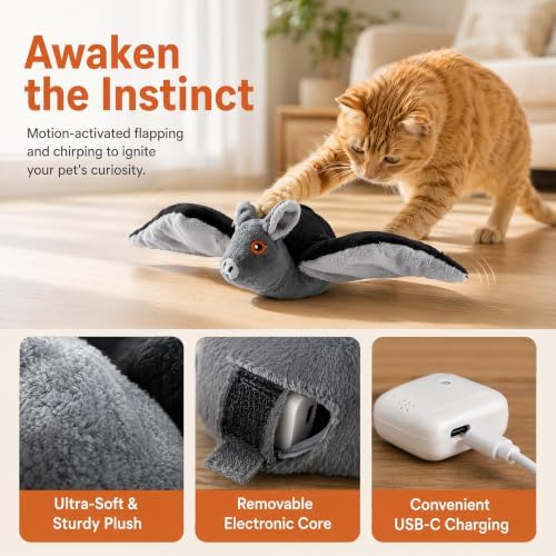 Flying Bat Dog Toy, Touch Activated Flapping Wings Interactive Pet Teaser, Motion Sensor Electric Squeaky Bird Doll for Aggressive Chewers Cats Puppy (B)