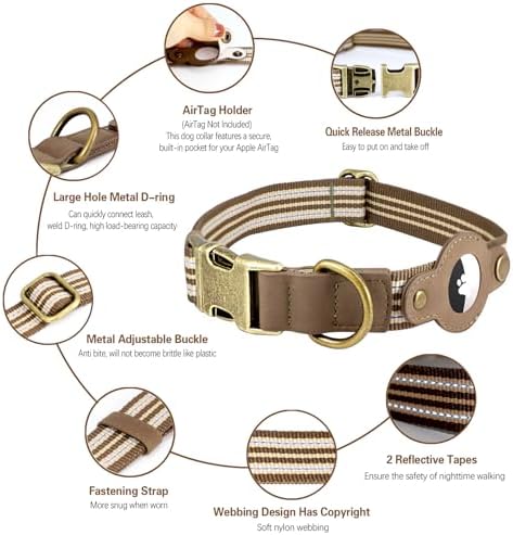 Airtag Dog Collar, Reflective Collar w Airtag Holder for Medium Dogs(Brown)