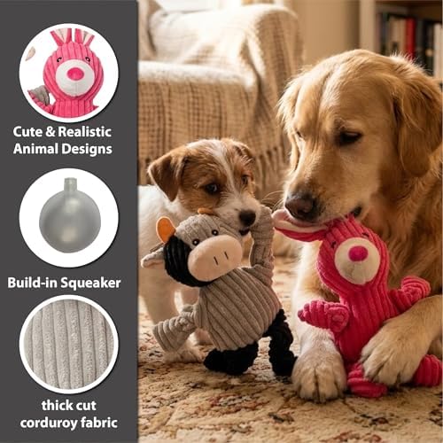 PetLike 4PK Squeaky Plush Dog Toys, Durable Chew Toys with Five BB Squeaker, Composite Stuffed Teething Toys for Aggressive Chewers, Interactive Fetch & Tug of War Toys for Small & Medium Dogs