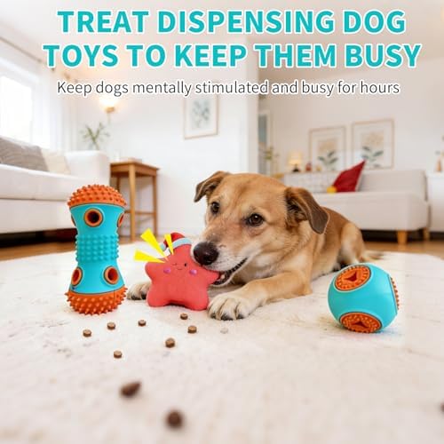 Dog Chew Toys 3 Pack, Squeaky Toy, Treat Dispensing Slow Feeder for Large and Medium Dog, Multifunctional Teeth Cleaning and Gum Massage (Dumbbell-Ball-Star)