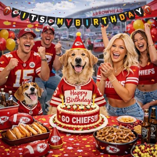 NFL Kansas City Chiefs Birthday Party Banner Licensed Football Team Dog & Cat Birthday Decoration, NFL Dog Birthday Party Set and Costume, Football Fan Pet Party Supplies, Team-Themed Pawty Celebration Backdrop for Birthday Photos