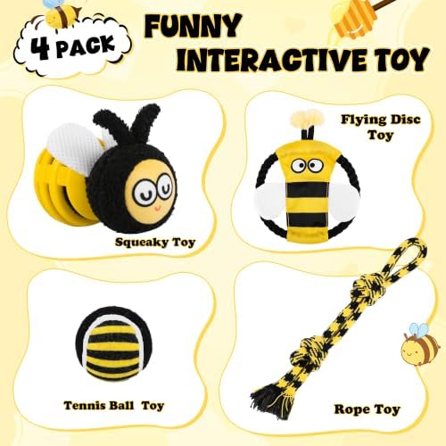 4 Pack Dog Squeaky Toys, Bee Interactive Toys Set, Natural Rope Tug Toy, Crinkle Flying Disc, Tennis Ball ，Puzzle Feeder, Safe Durable Dog Toys for Small Medium Dogs Indoor Outdoor Play