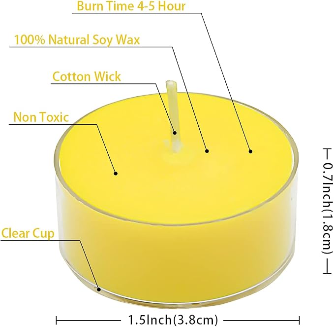 DEYBBY Natural Lemon Scented Soy Wax Tealight Candles Bulk, Aromatherapy Luxury Tea Candle Set of 24-4 Hour Burning Great Gift