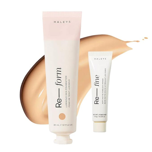 HALEYS Re-form Luminous Skin Foundation+Re-fine Primer 0.25oz, VEGAN, Blurs, Conceals, Blendable, Buildable Med-Full Coverage, Weightless, Oil-free, All-Day Wear, Hyaluronic Acid, All skin types(4.25)
