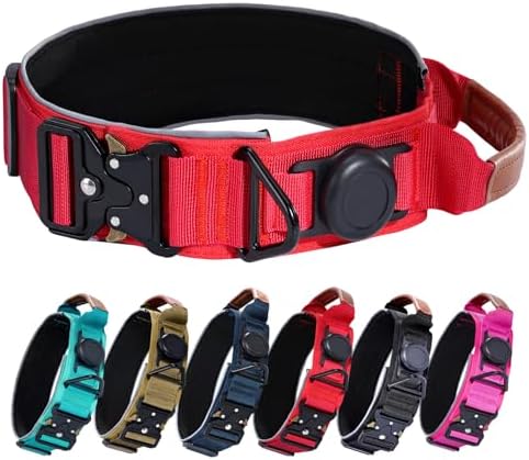 2" Tactical Dog Collar with Airtag Holder & Handle for Medium Dogs (Red)