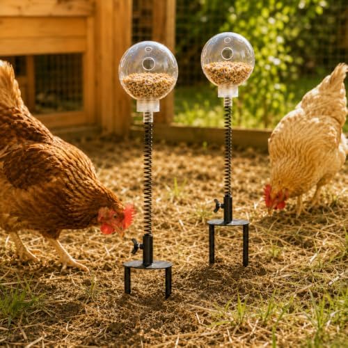 Chicken Treat Dispenser Toy 2 Pack, Spring-Action Treat Balls with Screw-Secured Ground Stakes, Slow Feeder Pecking Enrichment Toys for Hens, Backyard Chickens and Poultry
