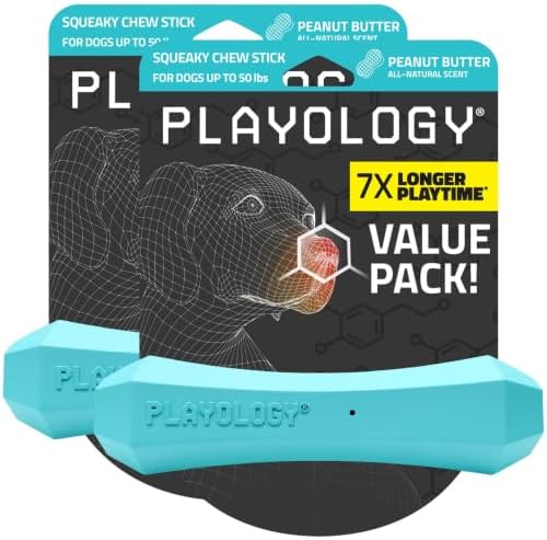 Playology Squeaky Chew Stick Dog Toy - Medium, Peanut Butter Scent, 2-pk