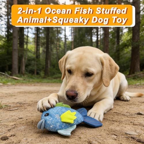 10.63" Recycled Canvas Fish Squeaky Dog Toy, Durable Stuffed Chew Toy for Puppy Teething, Interactive Play for Small Medium Large Dogs, Blue