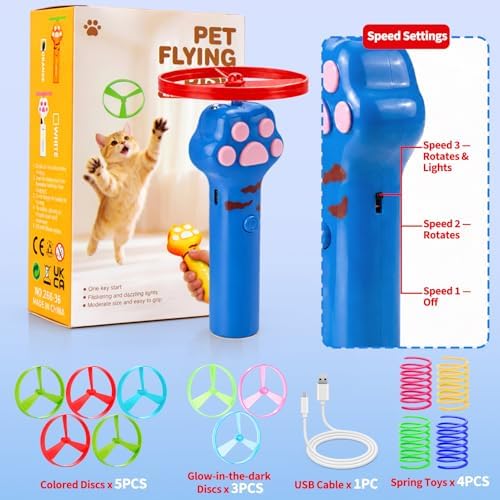 BABORUI Cat Toy Disc Launcher, Rechargeable Interactive Cat Fetch Toy Launcher with 8 Flying Discs, Flying Enrichment Toys for Indoor Bored Kittens & Adult Cats (Blue)
