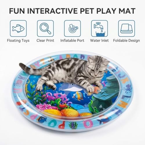 Aqua Cats Water Mat, 25.6 x 25.6 Inch Floating Fish Interactive Playmat, Thick PVC Dual-Use Cooling & Warming Pad, Anti-Scratch Leakproof Non-Slip Foldable Pet Mat (A)